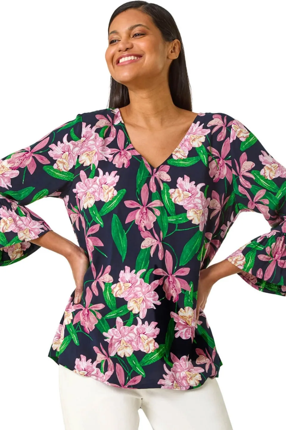 Blouses & Shirts>Roman Pink Floral Flare Sleeve Top