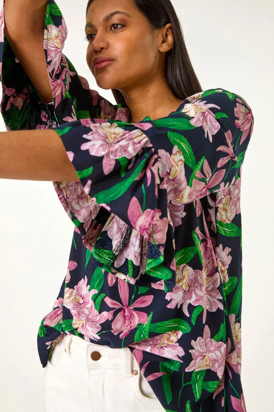 Blouses & Shirts>Roman Pink Floral Flare Sleeve Top