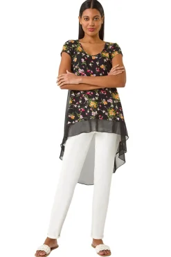 Tops>Roman Pink Floral High Low Hem Top