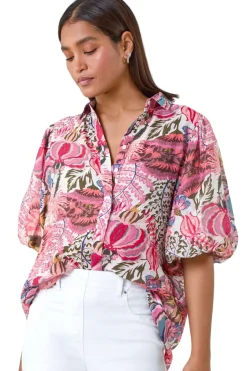 Tops>Roman Pink Floral Leaf Print Puff Sleeve Shirt