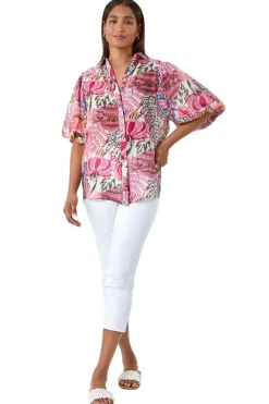 Tops>Roman Pink Floral Leaf Print Puff Sleeve Shirt