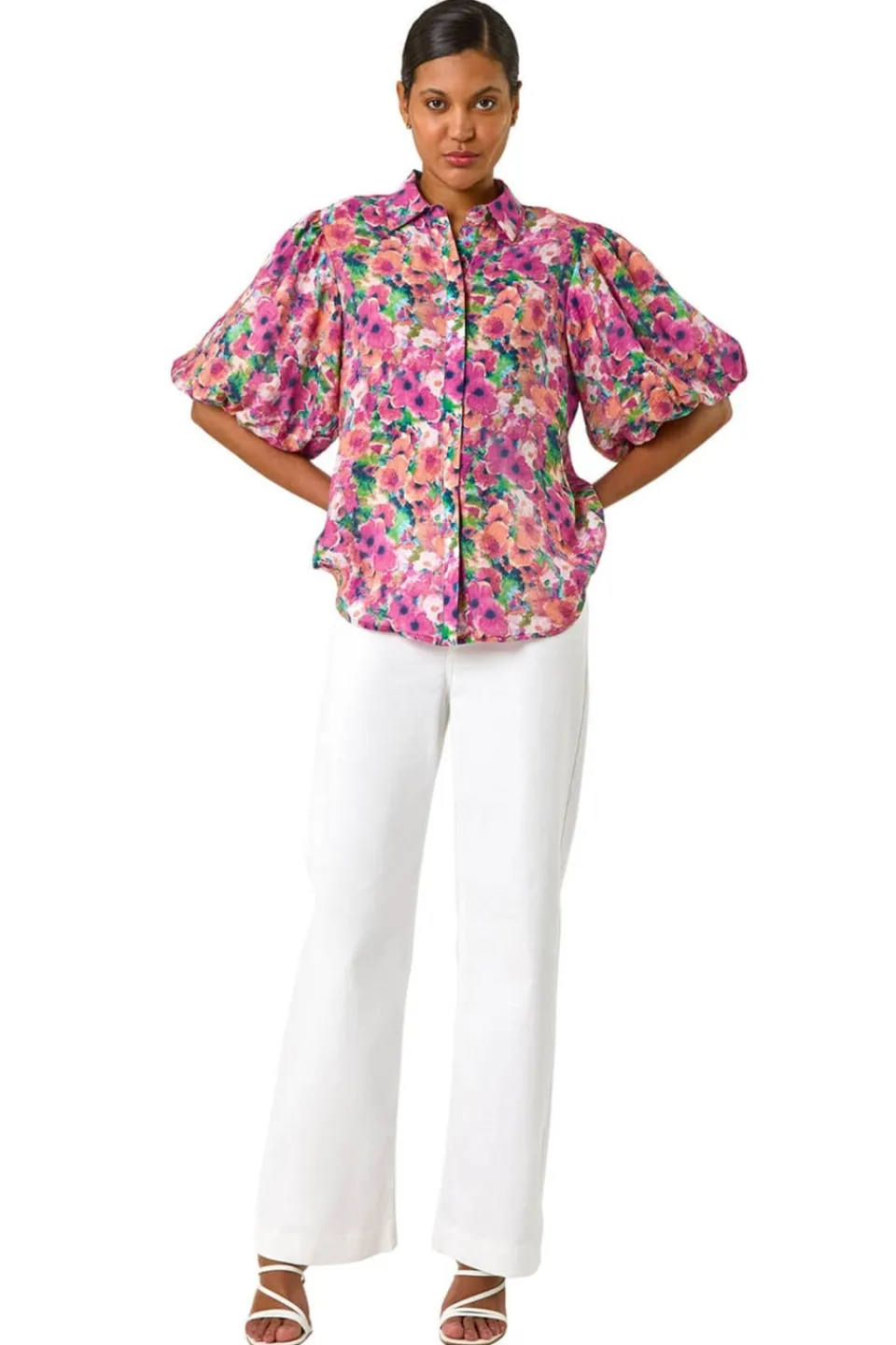 Tops>Roman Pink Floral Print Button Through Shirt
