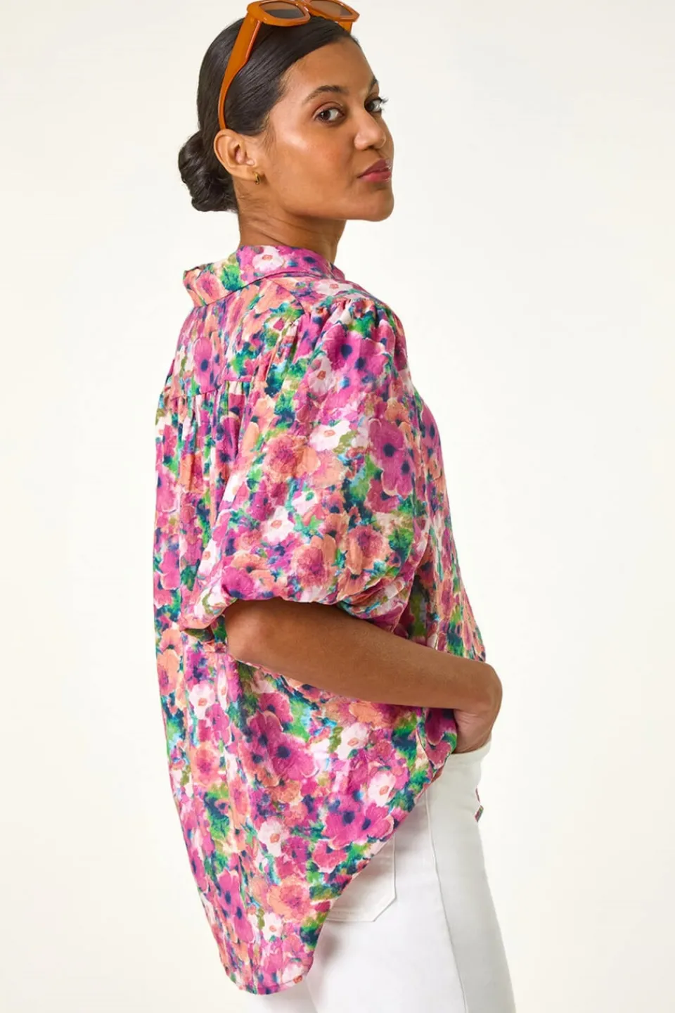 Tops>Roman Pink Floral Print Button Through Shirt