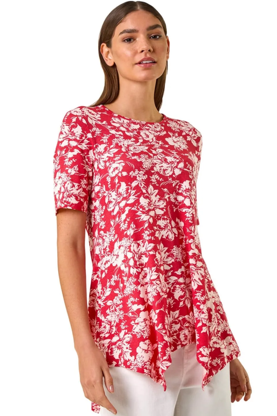 Tops>Roman Pink Floral Print Hanky Hem Tunic Top