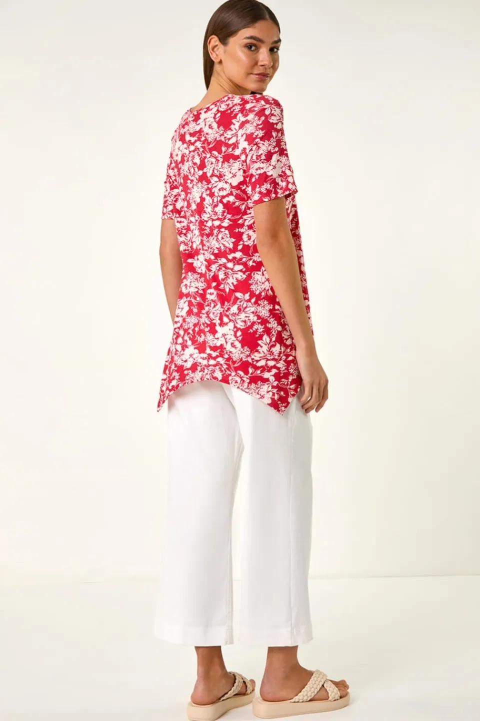 Tops>Roman Pink Floral Print Hanky Hem Tunic Top