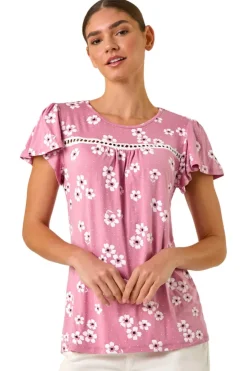 T-Shirts>Roman Pink Floral Print Ladder Trim Stretch Top