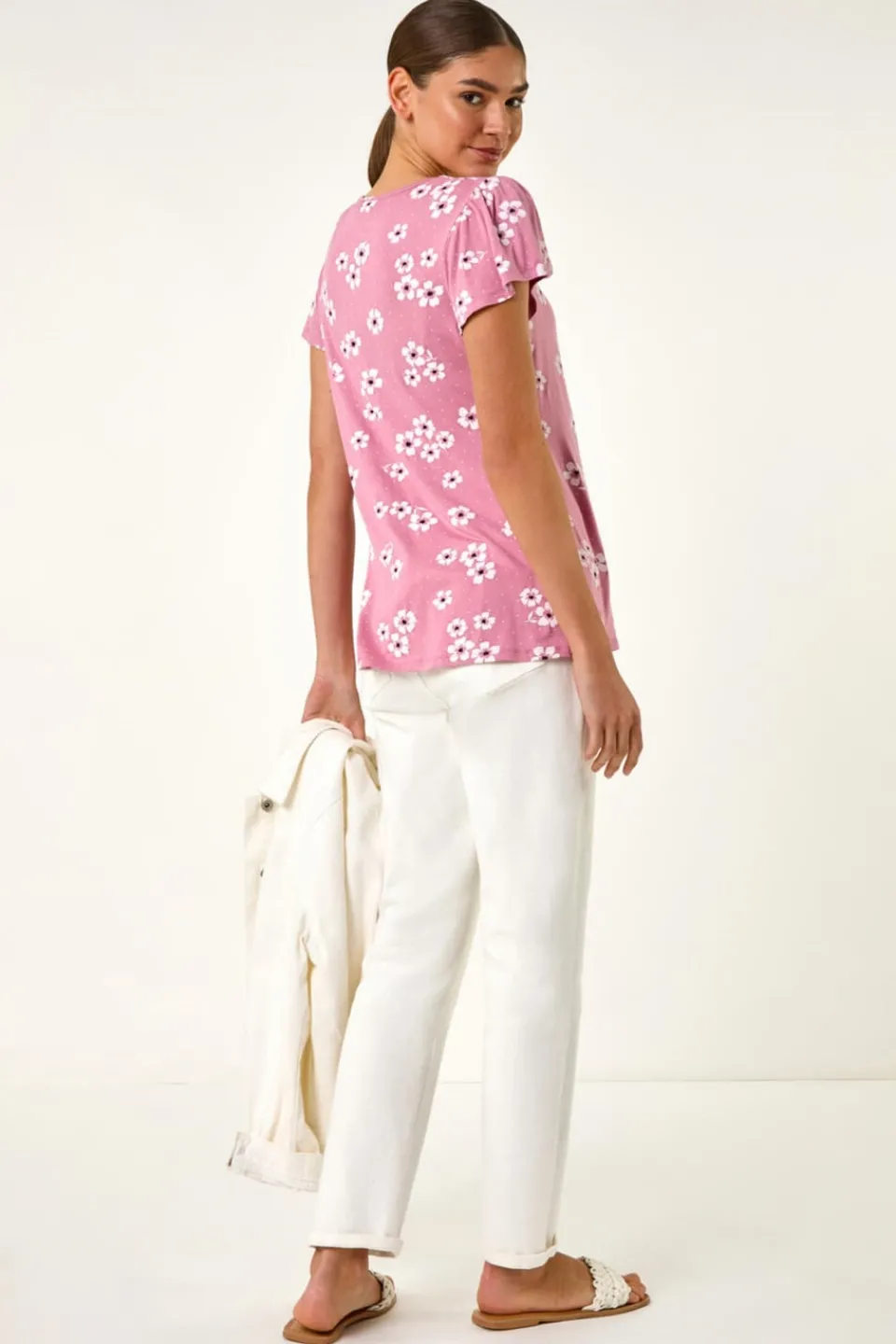 T-Shirts>Roman Pink Floral Print Ladder Trim Stretch Top