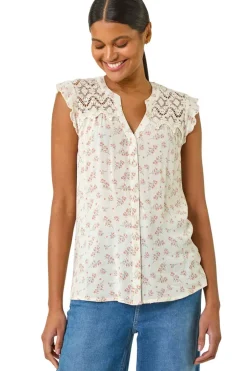 Tops>Roman Pink Floral Print Lace Yoke Blouse