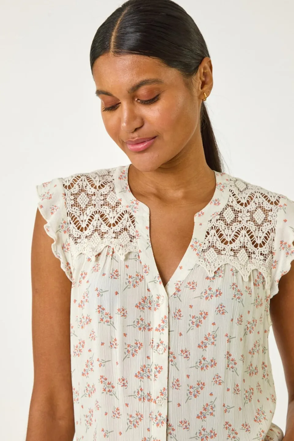 Tops>Roman Pink Floral Print Lace Yoke Blouse
