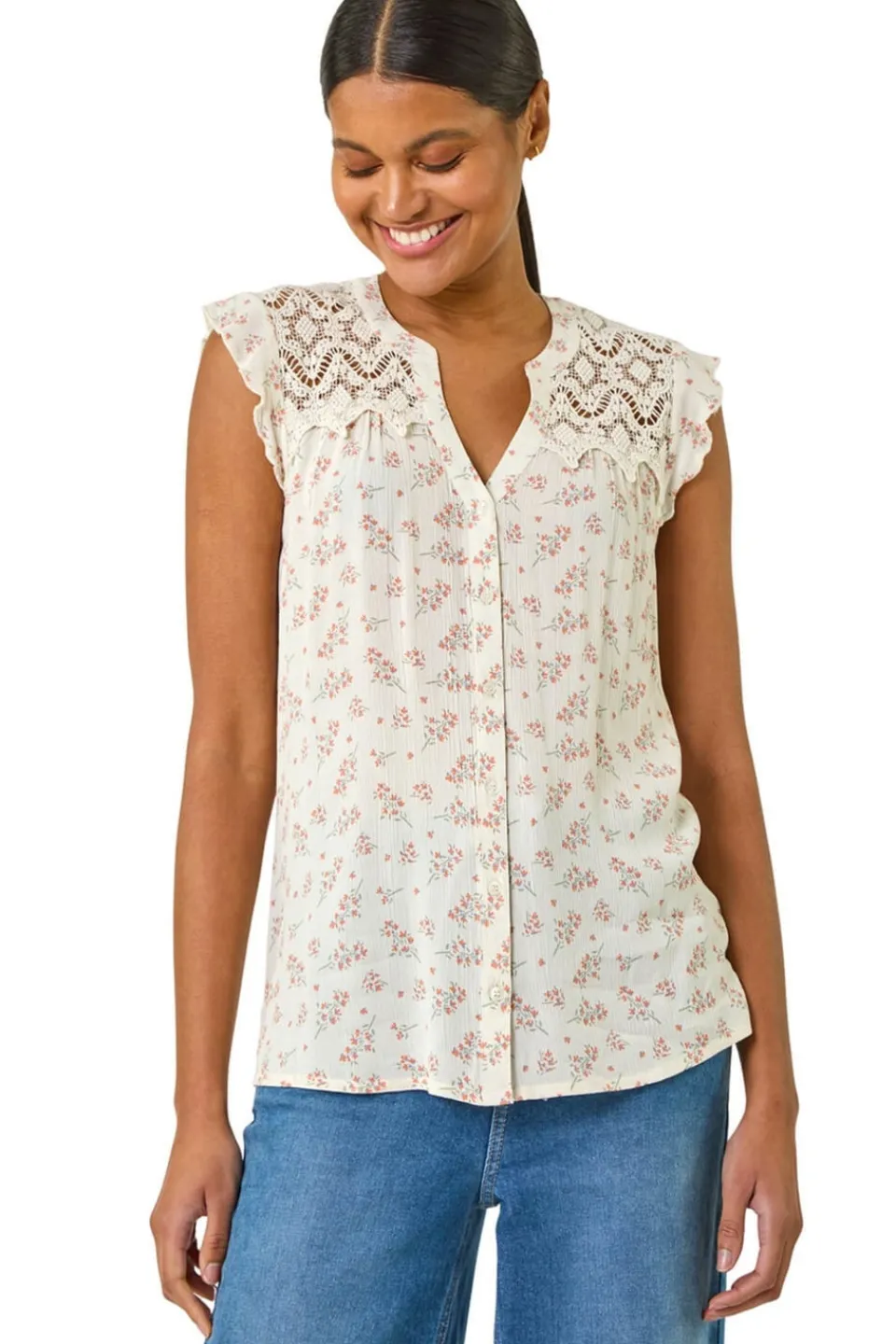 Tops>Roman Pink Floral Print Lace Yoke Blouse