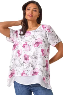 T-Shirts>Roman Pink Floral Print Layered Tunic Top
