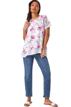 T-Shirts>Roman Pink Floral Print Layered Tunic Top