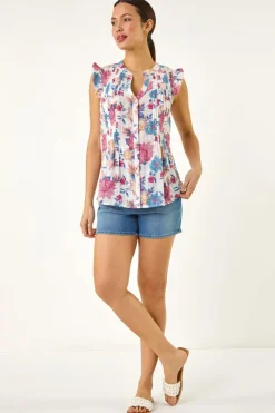 Blouses & Shirts>Roman Pink Floral Print Pintuck Frill Blouse