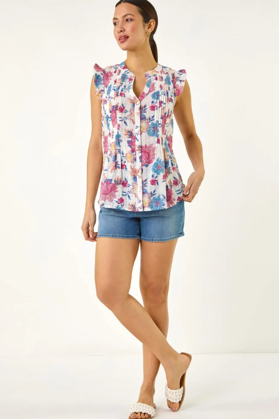 Blouses & Shirts>Roman Pink Floral Print Pintuck Frill Blouse