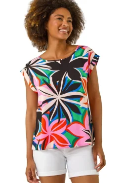 Tops>Roman Pink Floral Print Shell Top