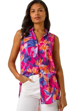 Tops>Roman Pink Floral Print Sleeveless Blouse
