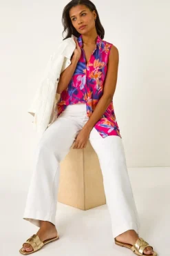 Tops>Roman Pink Floral Print Sleeveless Blouse