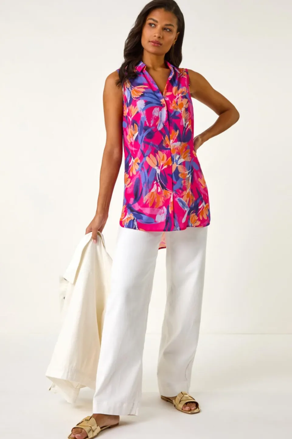 Tops>Roman Pink Floral Print Sleeveless Blouse