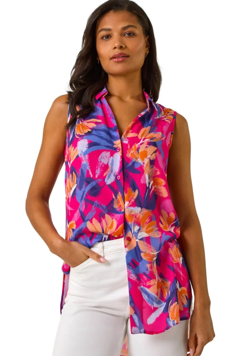 Tops>Roman Pink Floral Print Sleeveless Blouse