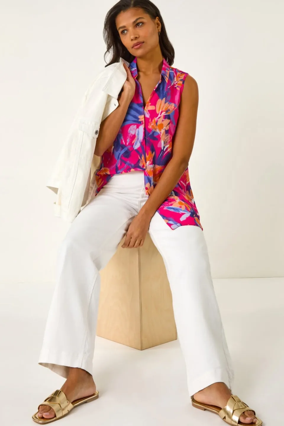 Tops>Roman Pink Floral Print Sleeveless Blouse