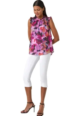 Tops>Roman Pink Floral Print Sleeveless Top