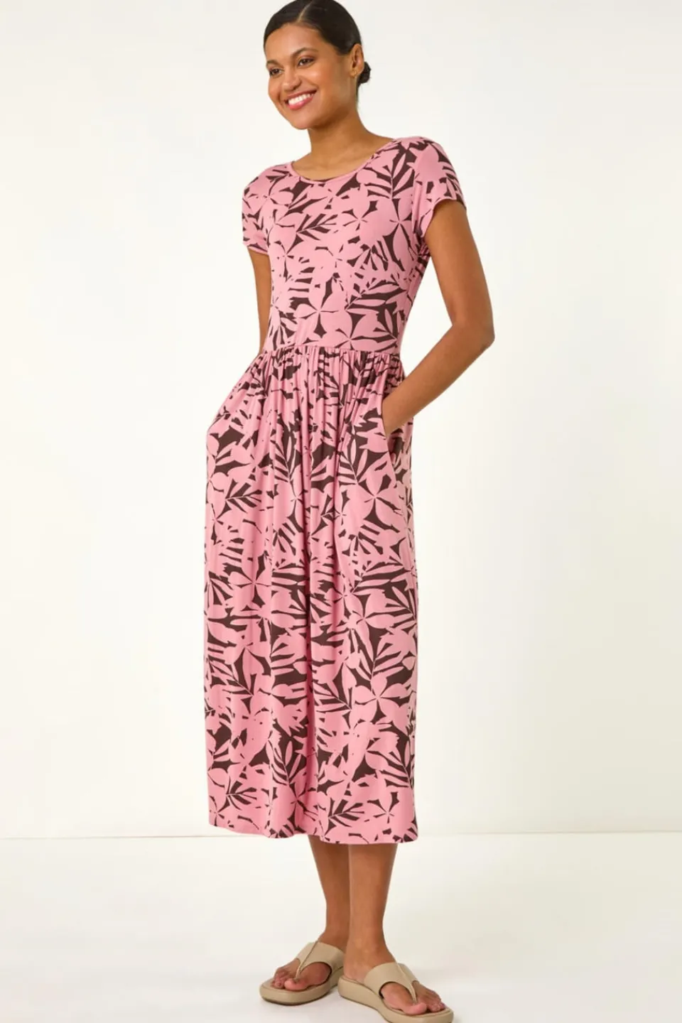 Dresses>Roman Pink Floral Print Stretch Midi Dress
