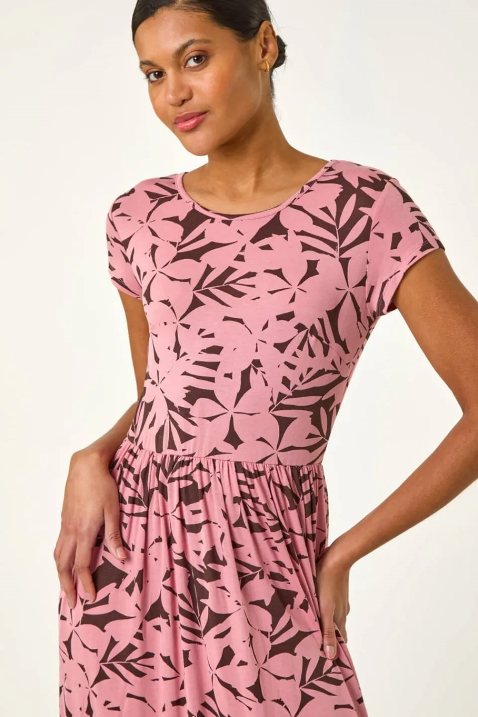 Dresses>Roman Pink Floral Print Stretch Midi Dress