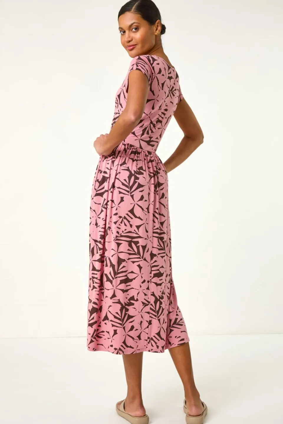 Dresses>Roman Pink Floral Print Stretch Midi Dress