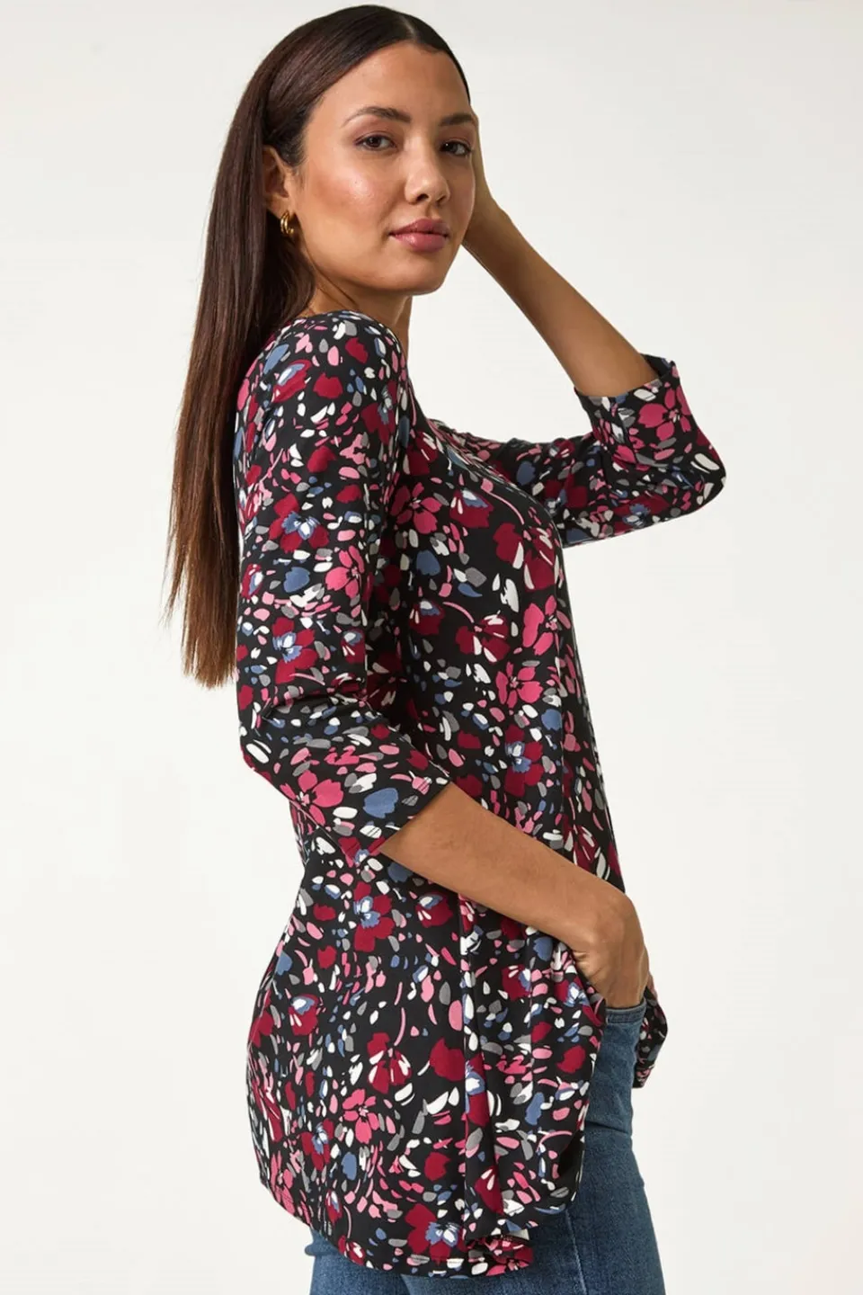 Tops>Roman Pink Floral Print Swing Stretch Tunic Top