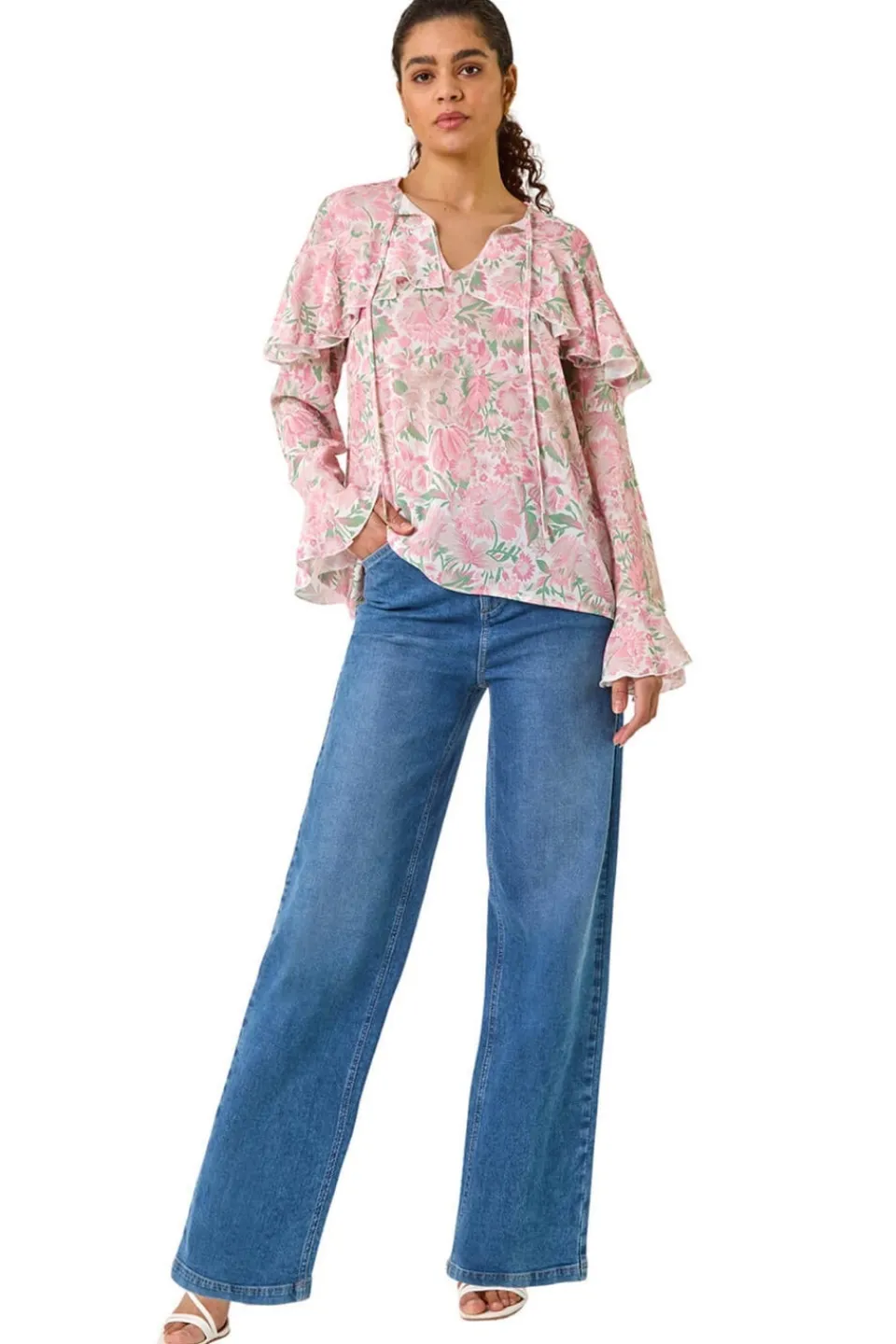 Tops>Roman Pink Floral Print Tie Front Top