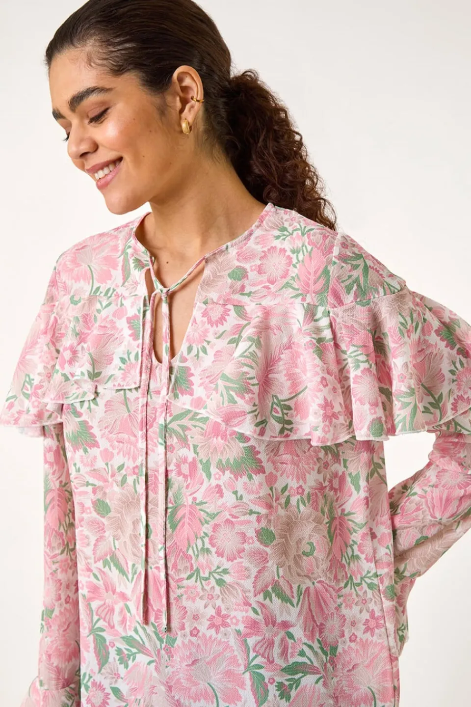 Tops>Roman Pink Floral Print Tie Front Top