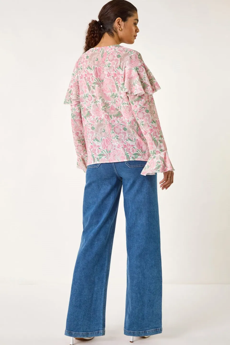 Tops>Roman Pink Floral Print Tie Front Top