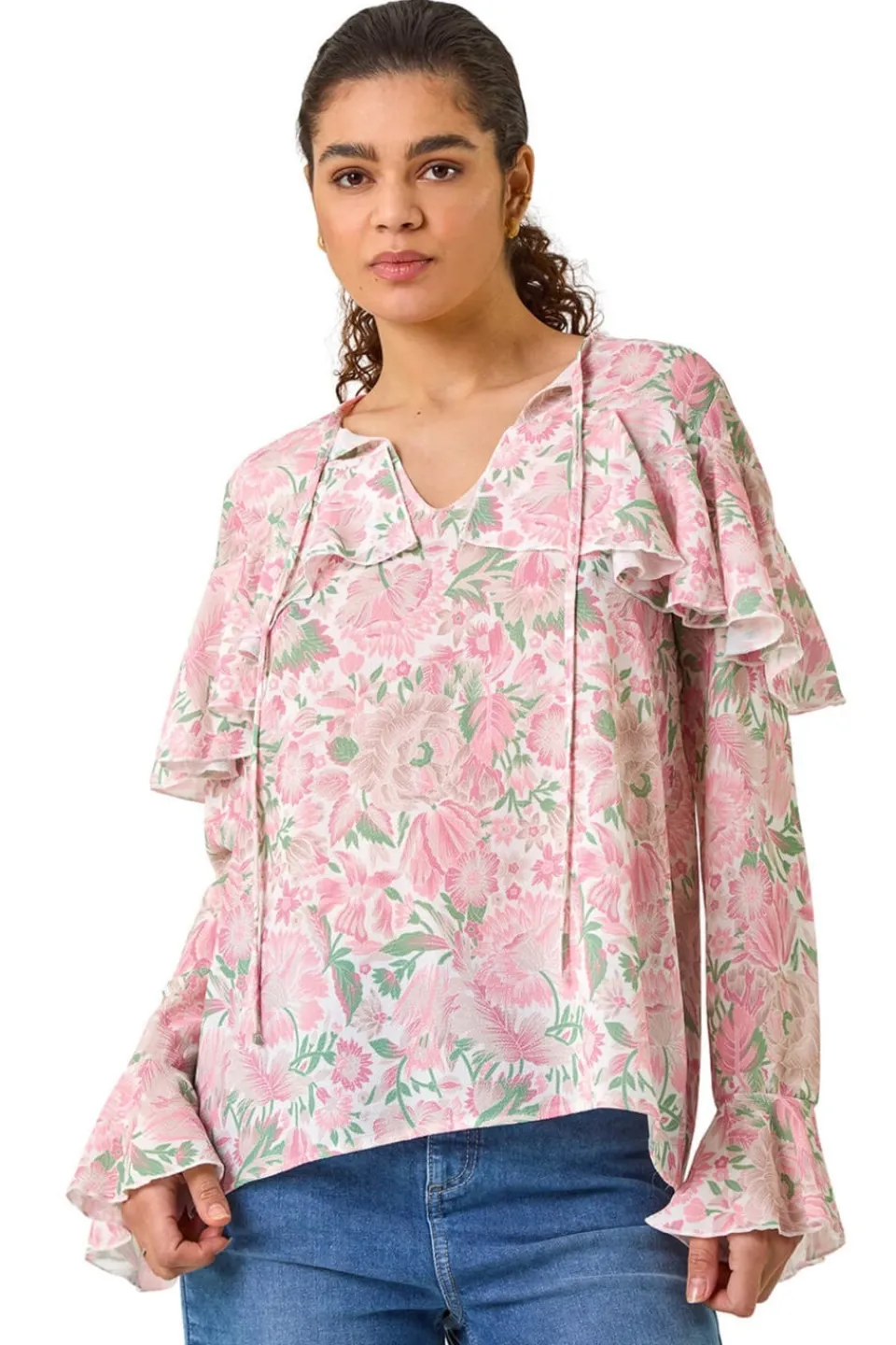 Tops>Roman Pink Floral Print Tie Front Top