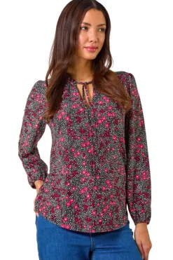 Blouses & Shirts>Roman Pink Floral Print Tie Neck Stretch Top