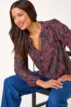 Blouses & Shirts>Roman Pink Floral Print Tie Neck Stretch Top