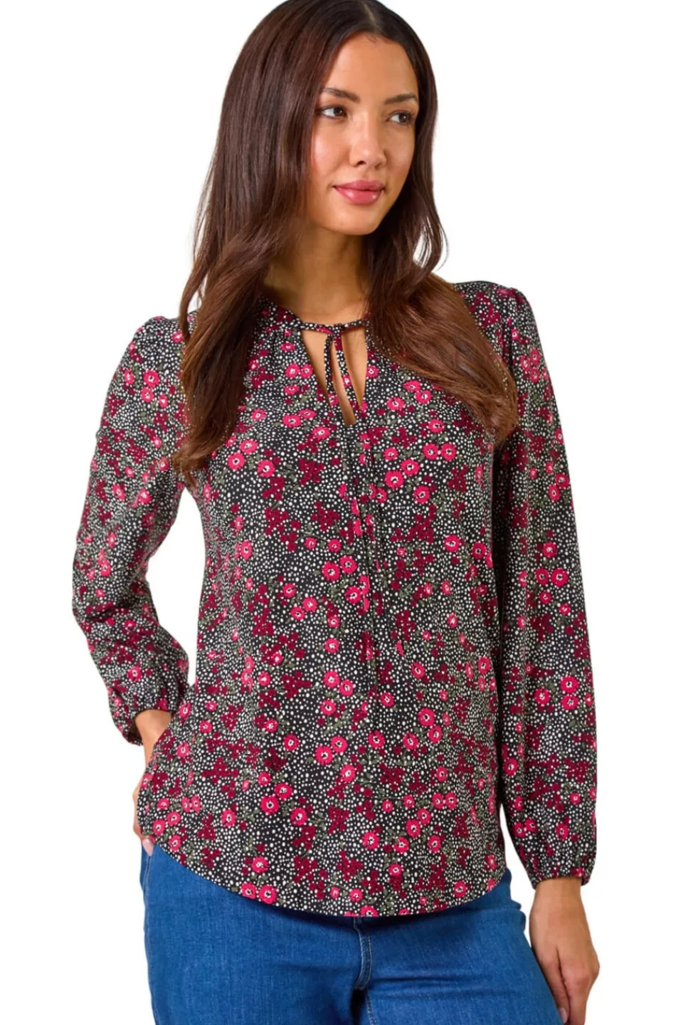 Blouses & Shirts>Roman Pink Floral Print Tie Neck Stretch Top