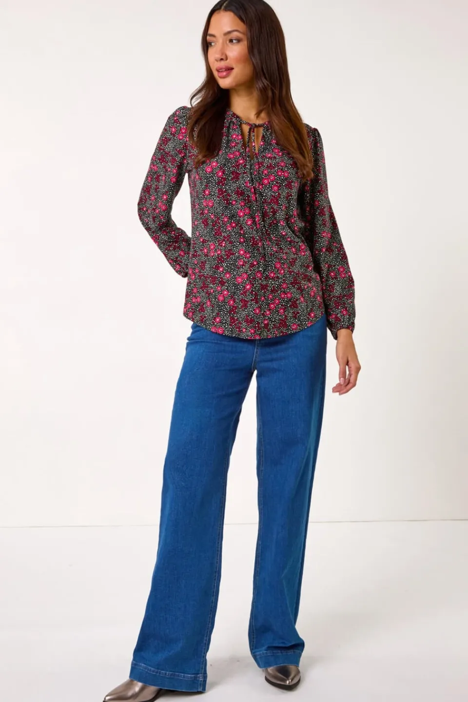 Blouses & Shirts>Roman Pink Floral Print Tie Neck Stretch Top