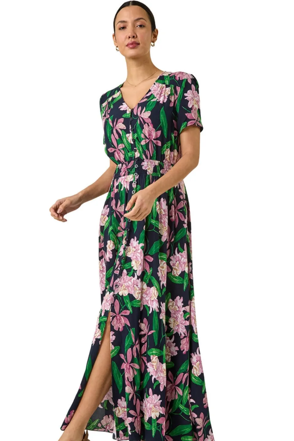 Dresses>Roman Pink Floral Shirred Maxi Dress