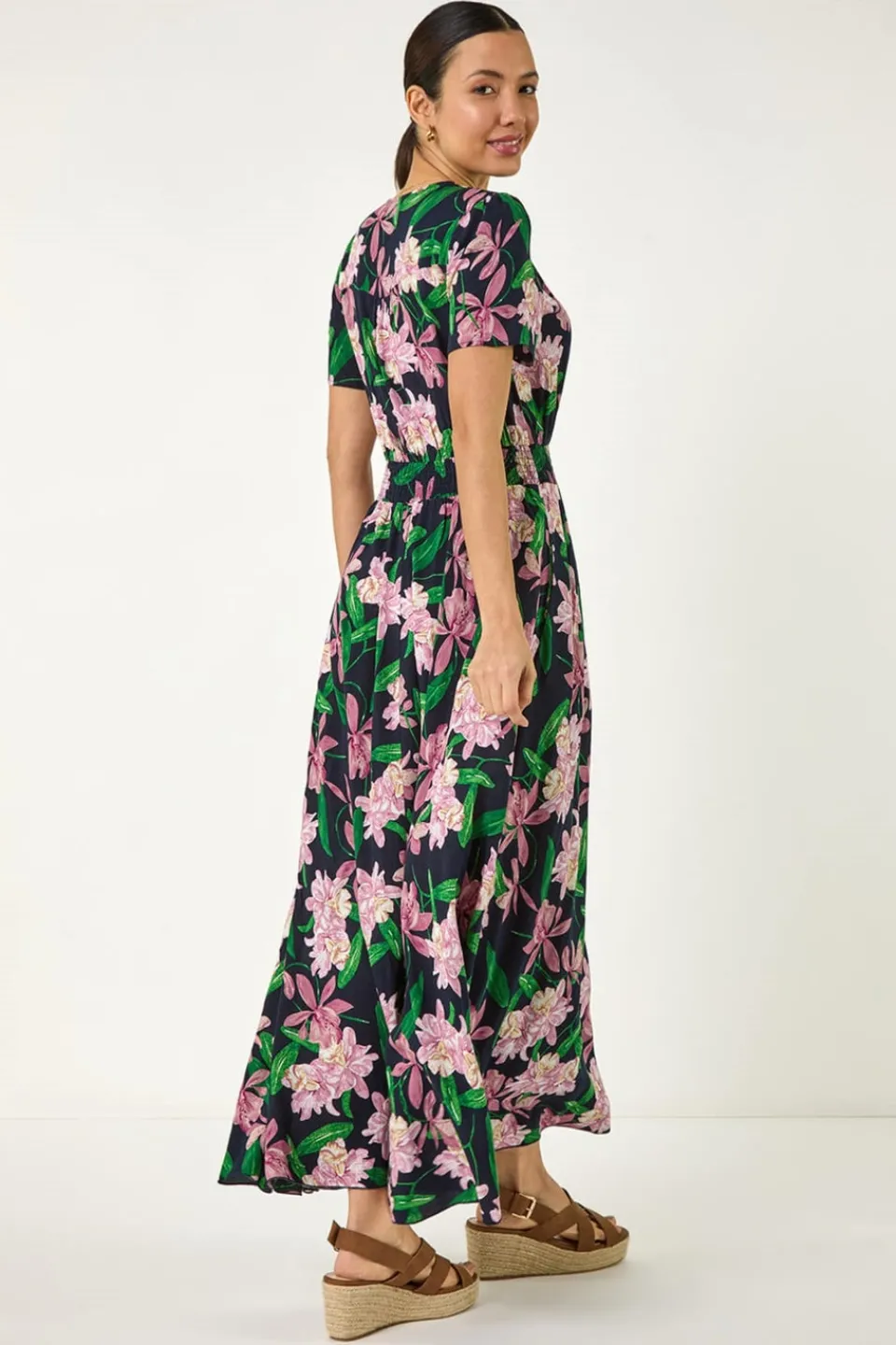 Dresses>Roman Pink Floral Shirred Maxi Dress