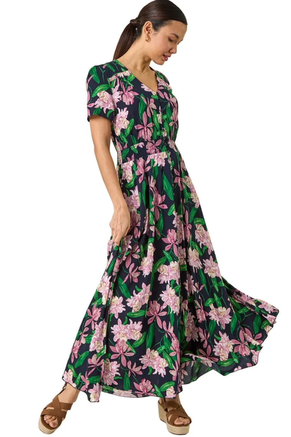Dresses>Roman Pink Floral Shirred Maxi Dress