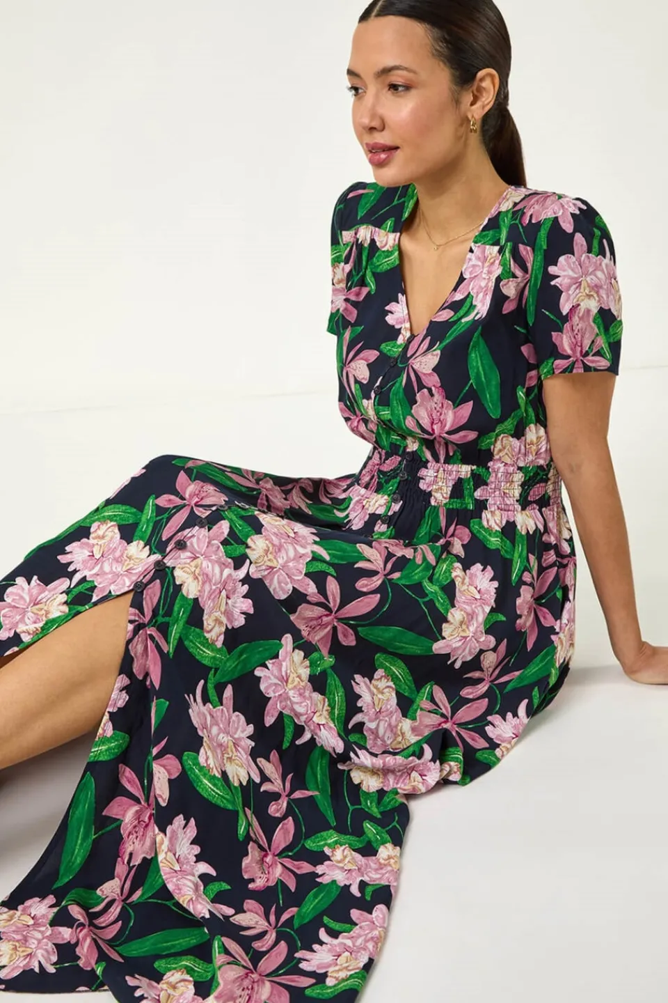 Dresses>Roman Pink Floral Shirred Maxi Dress