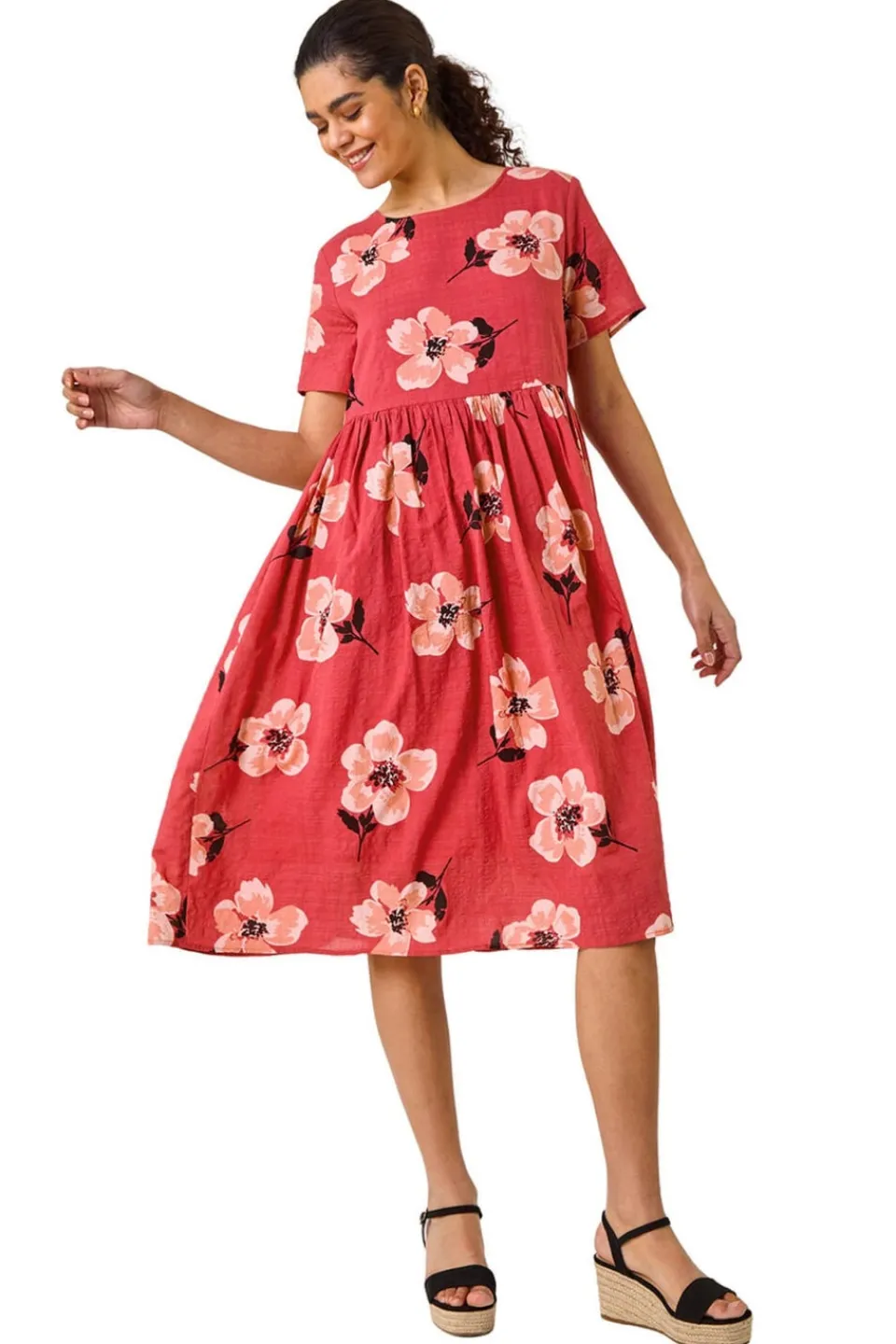 Dresses>Roman Pink Floral Smock Midi Dress