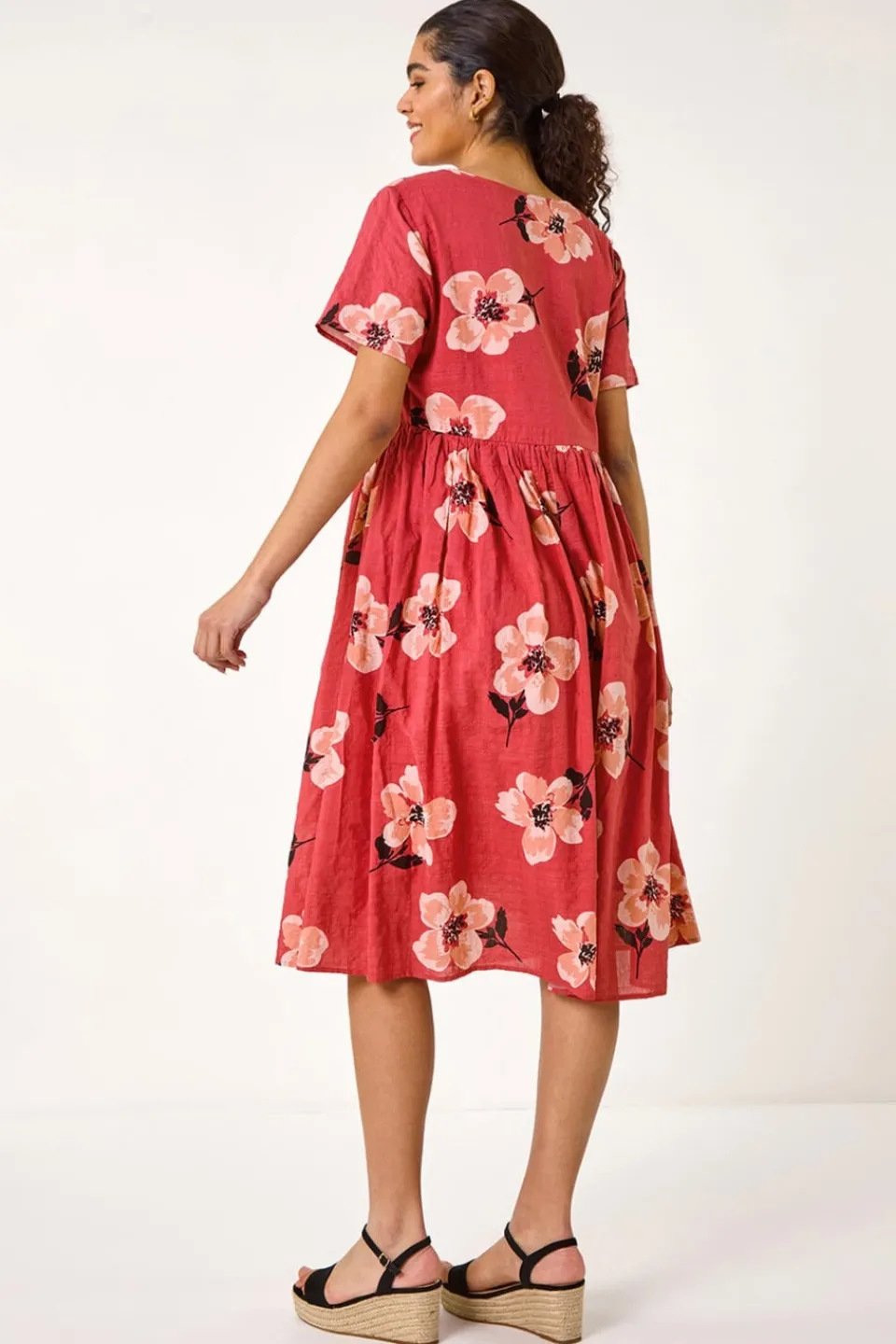 Dresses>Roman Pink Floral Smock Midi Dress