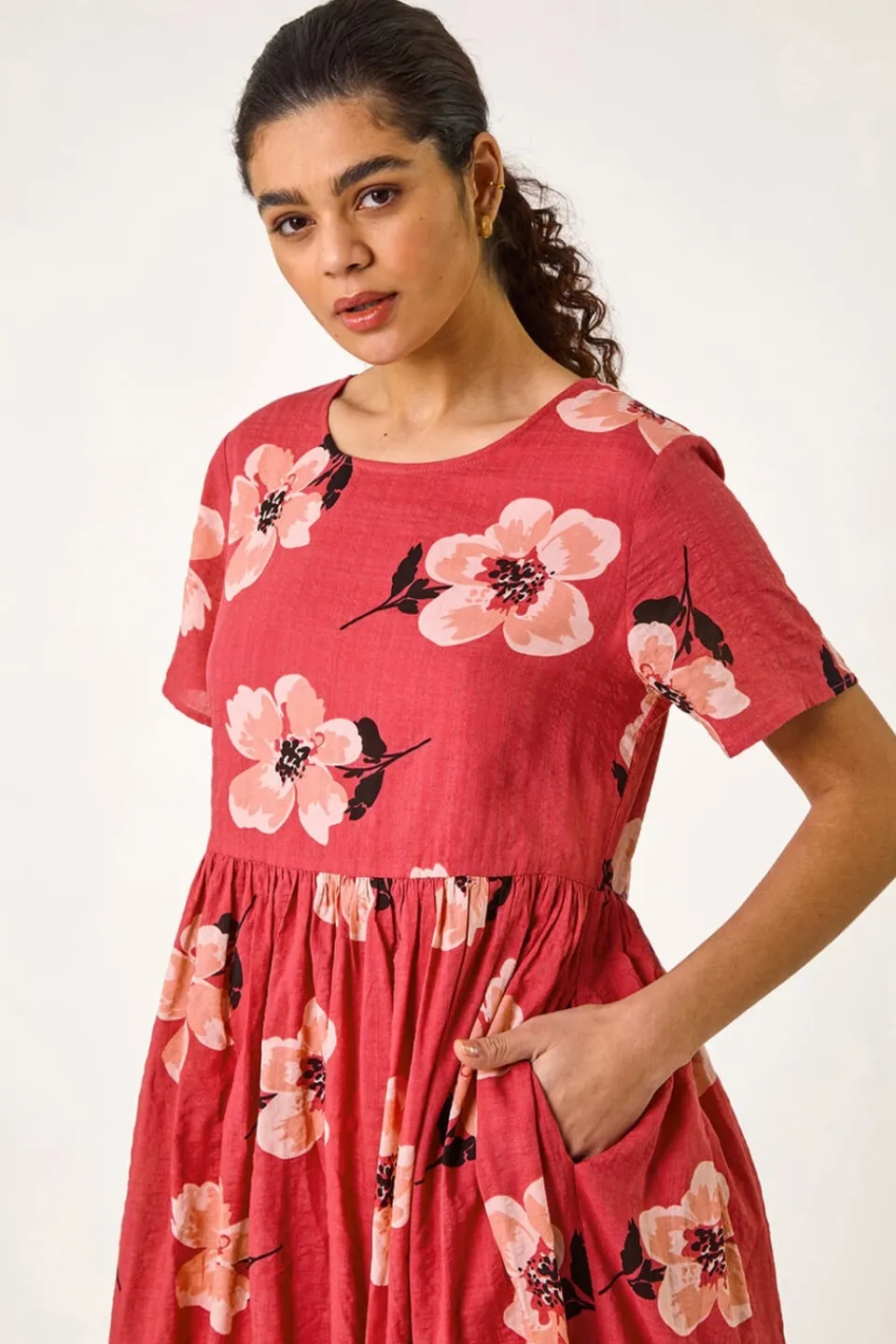 Dresses>Roman Pink Floral Smock Midi Dress