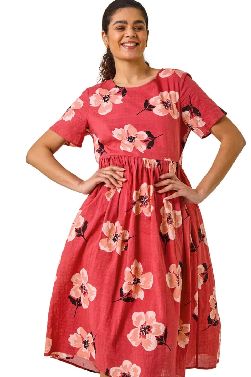 Dresses>Roman Pink Floral Smock Midi Dress