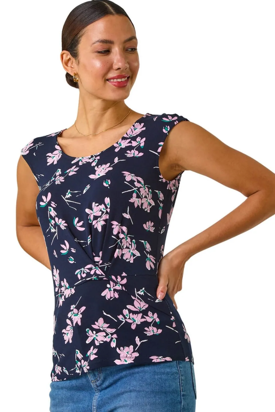 T-Shirts>Roman Pink Floral Twist Front Top