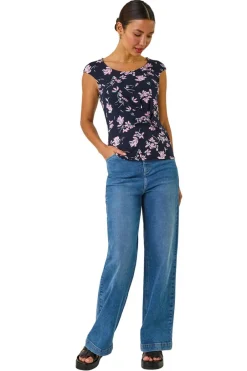 T-Shirts>Roman Pink Floral Twist Front Top