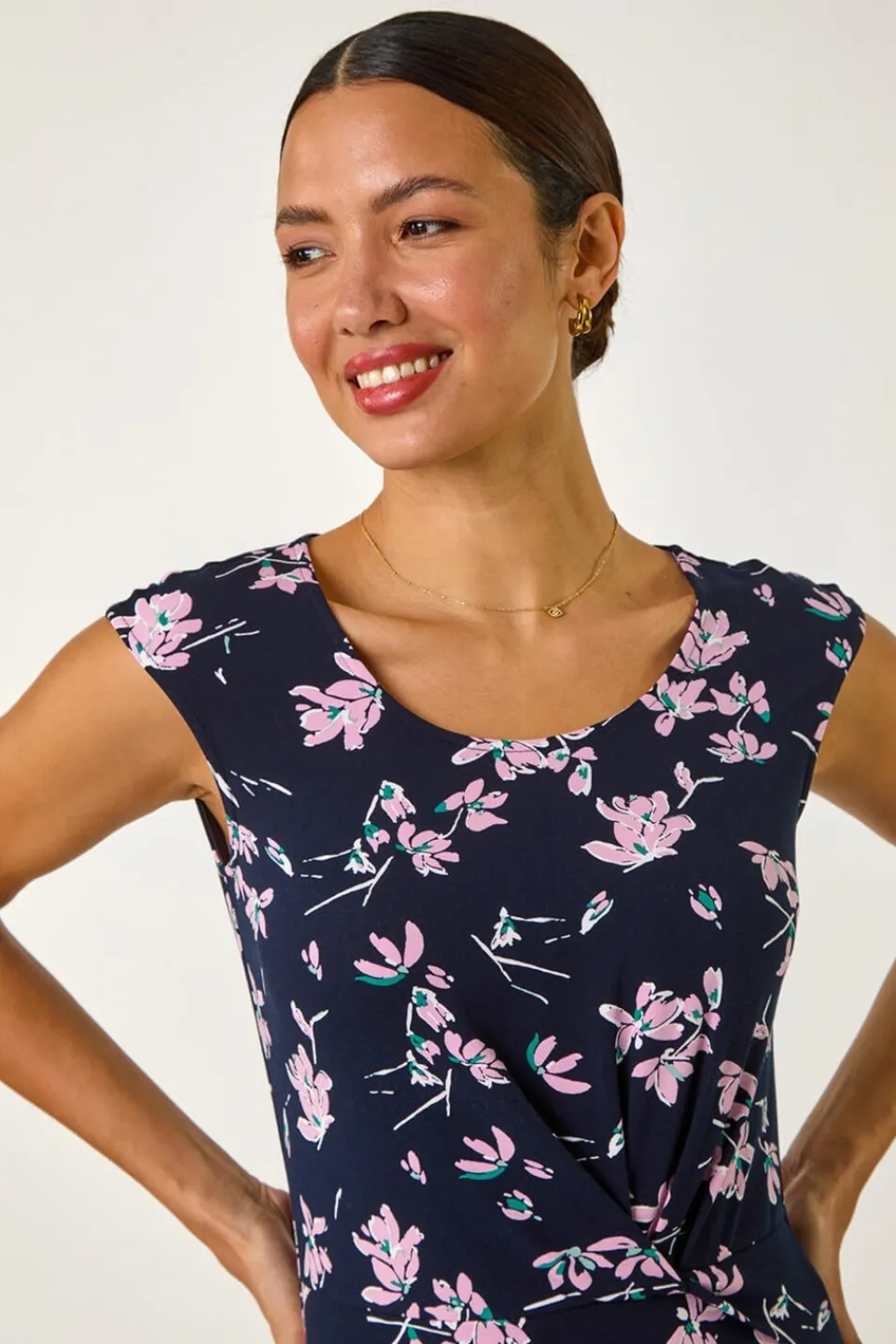 T-Shirts>Roman Pink Floral Twist Front Top