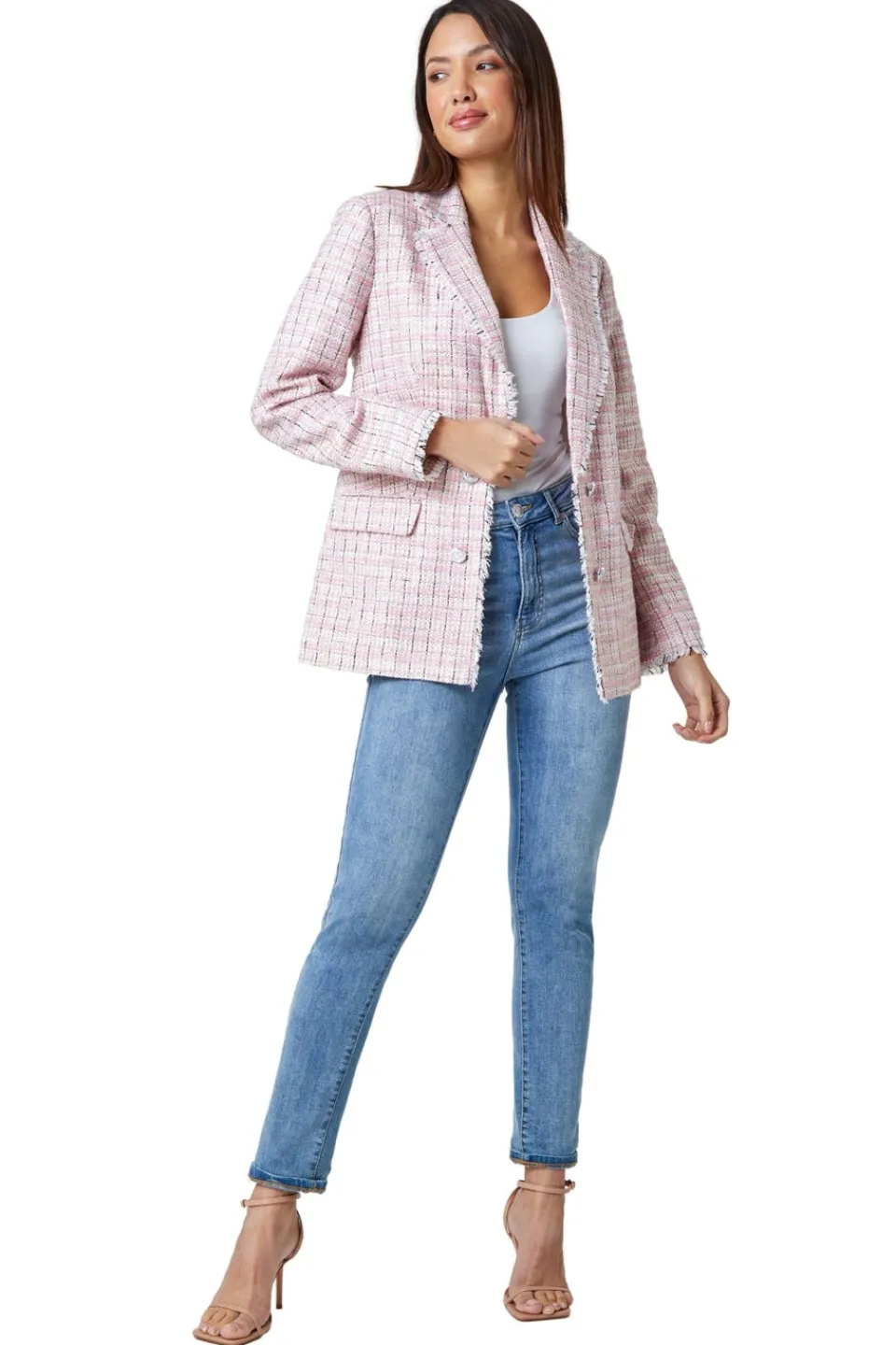 Coats & Jackets>Roman Pink Frayed Edge Boucle Check Jacket