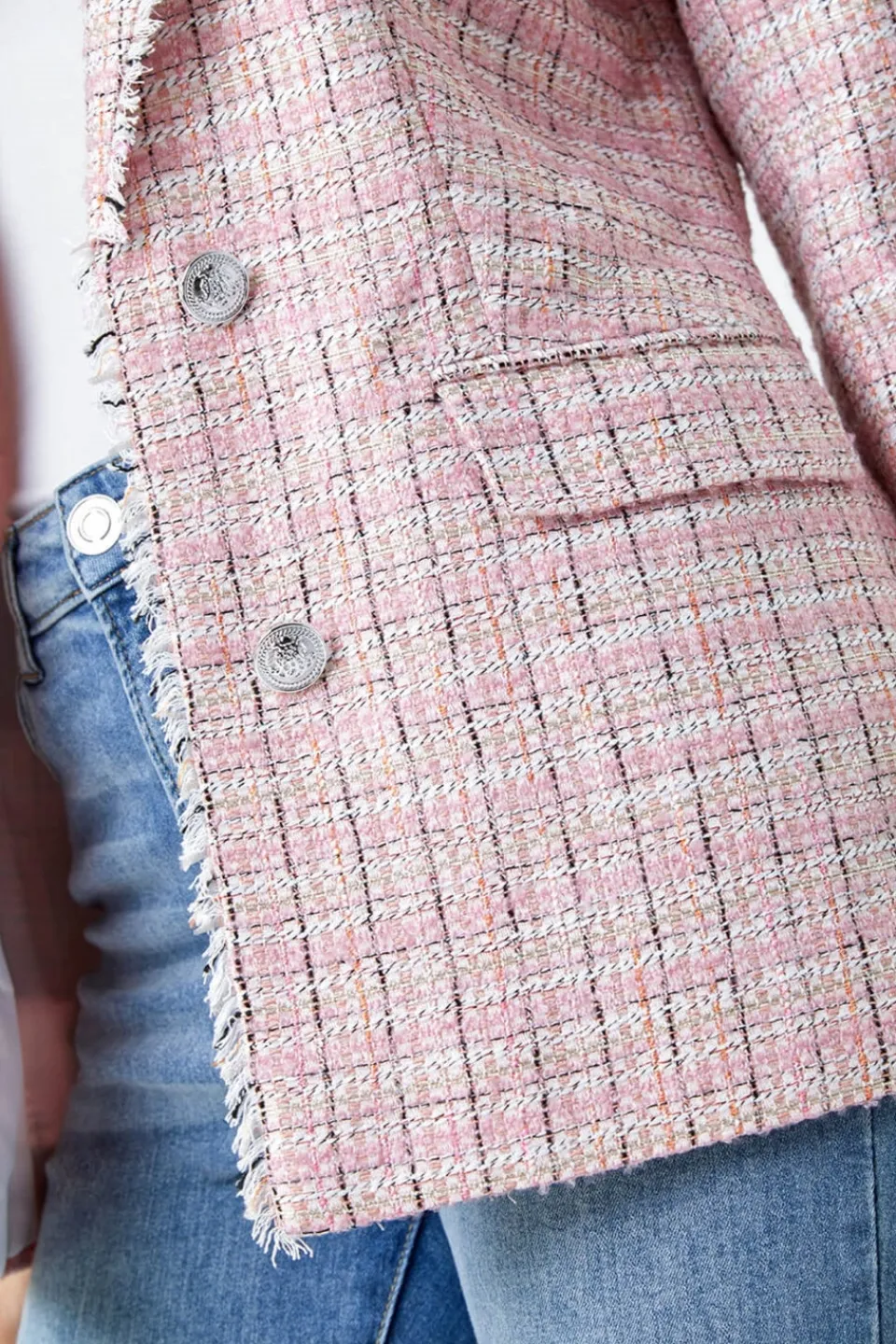 Coats & Jackets>Roman Pink Frayed Edge Boucle Check Jacket